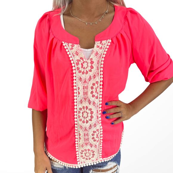 MY MICHELLE Lace and Pom Fringe Summer Blouse - Picture 1 of 9